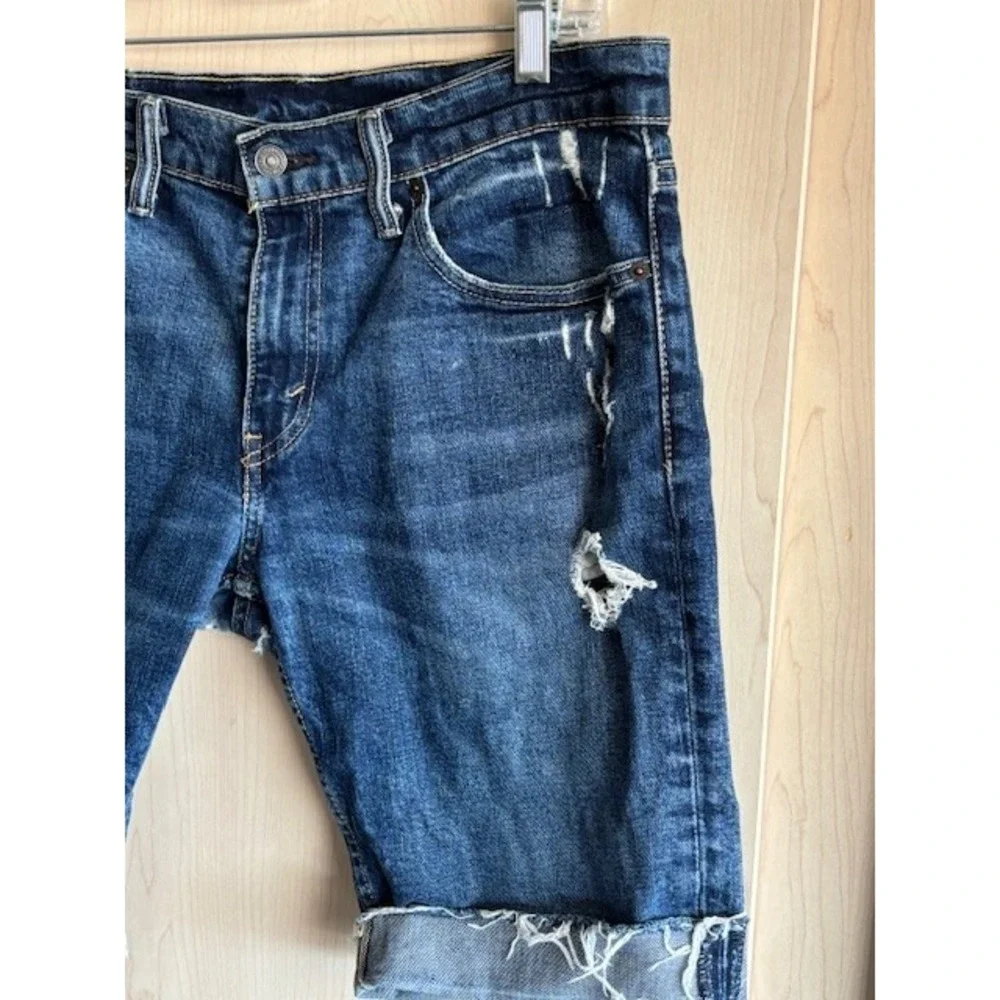 Levis 511 Shorts Mens 31 Blue Denim Cutoff Distressed Raw Hem Jeans w/ Patches‎